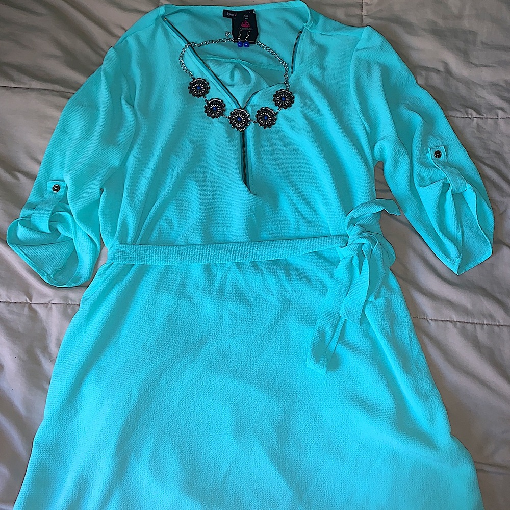 Size 2x teal dress with belt + jewelry set